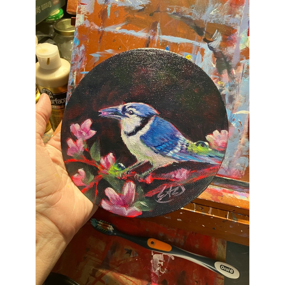Original Blue Jay painting Friends Round Acrylic Bird Floral 2026 Artettina USA - Picture 2 of 8
